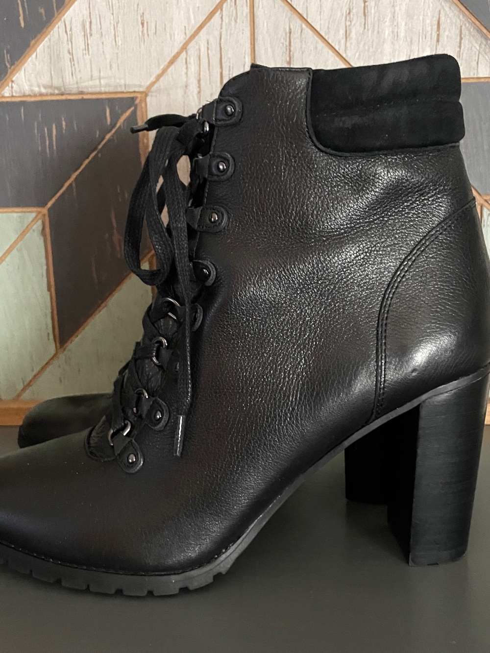 Antonio Melani Black Leather Lace-Up High Heel Ankle Combat Boots Size 8.5M
